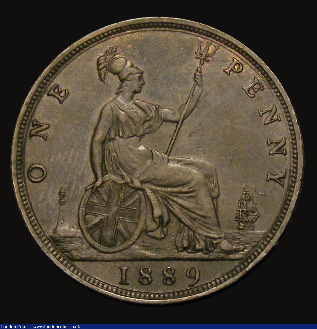 London Coins : A175 : Lot 2269 : Penny 1889 as Freeman 128 dies 13+N, 14 Leaves in wreath, with 15 teeth date spacing, VF/GVF, in an ...