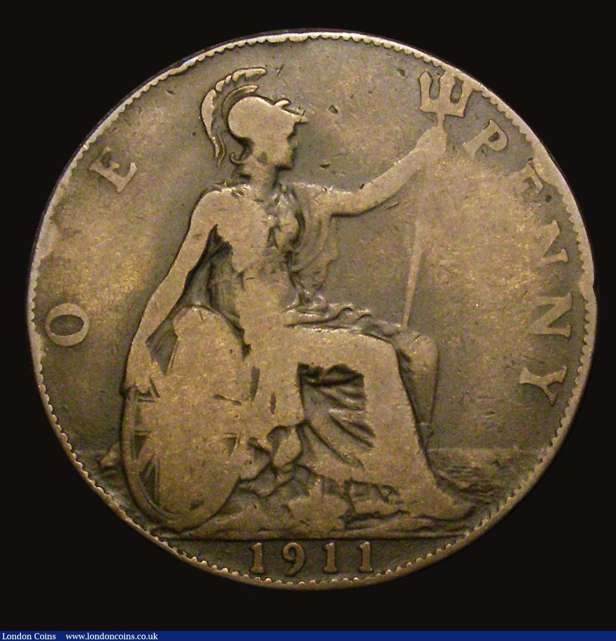 London Coins : A175 : Lot 2325 : Penny 1911 Hollow Neck, I of BRITT points to a rim tooth, Gouby BP1911 B (Obverse X, Reverse a) VG, ...