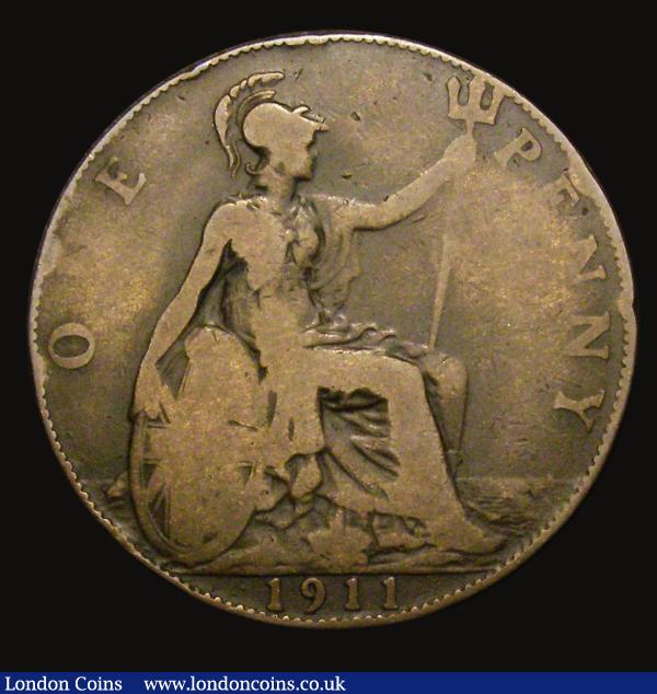 Penny 1911 Hollow Neck, I of BRITT points to a rim tooth, Gouby BP1911 B (Obverse X, Reverse a) VG, Rare, in an LCGS holder and graded LCGS 10, Ex-London Coins Auction A155 December 2016 Lot 1240 hammer price £80 : English Coins : Auction 175 : Lot 2325
