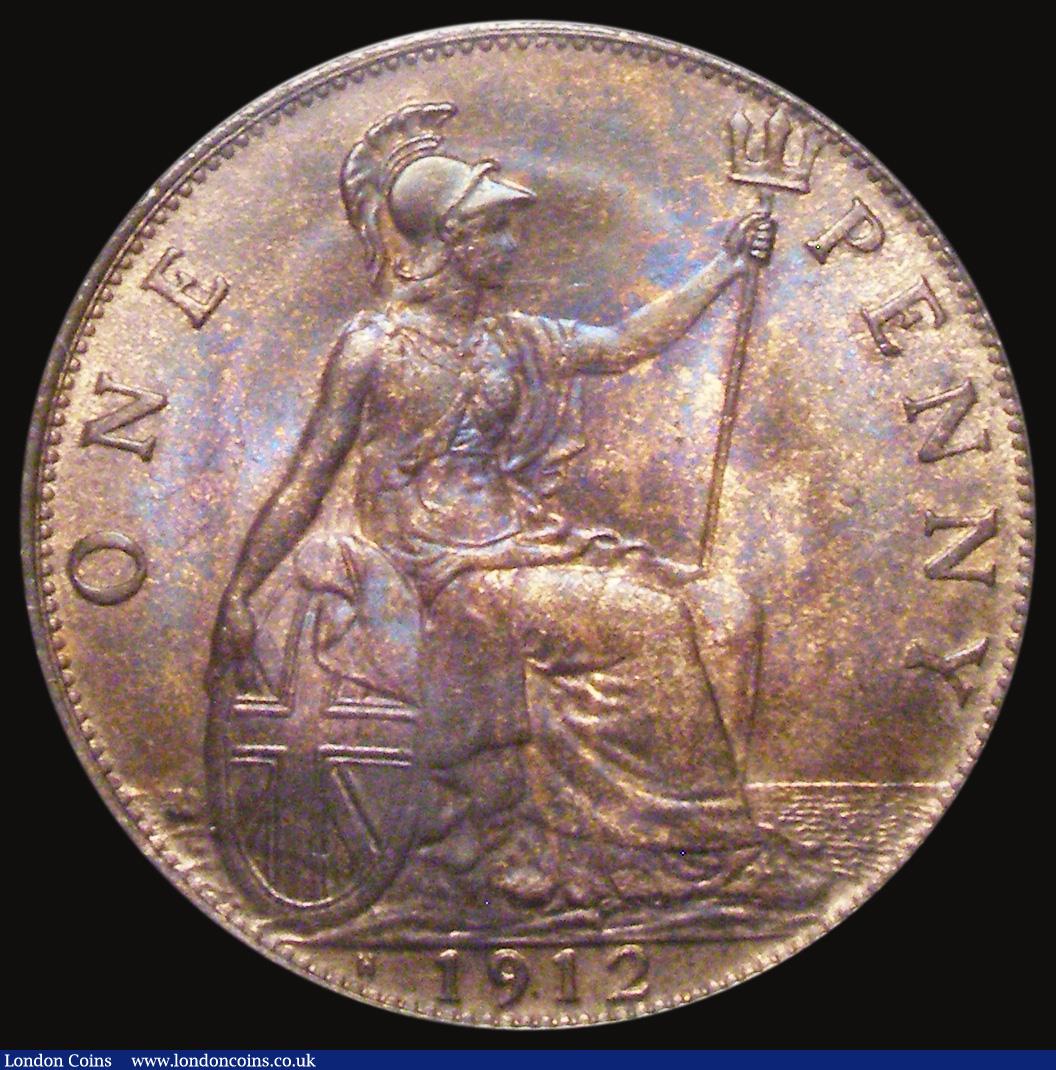 London Coins : A175 : Lot 2327 : Penny 1912H Freeman 173 dies 1+A, Lustrous UNC with attractive blue and purple toning, giving excell...