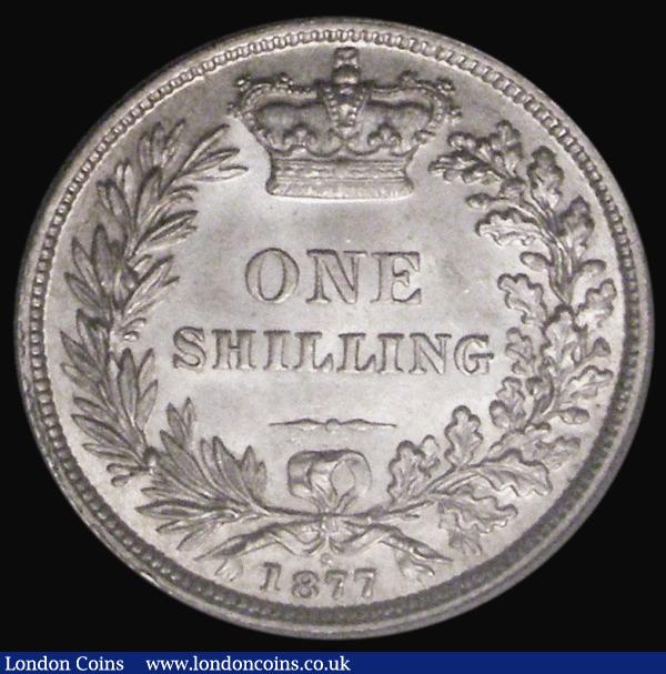 Shilling 1877 ESC 1329, Bull 3047, Die Number 9, UNC and almost fully lustrous with choice original surfaces, in an LCGS holder and graded LCGS 80. One of a number of choice high grade slabbed Shillings in this sale : English Coins : Auction 175 : Lot 2772