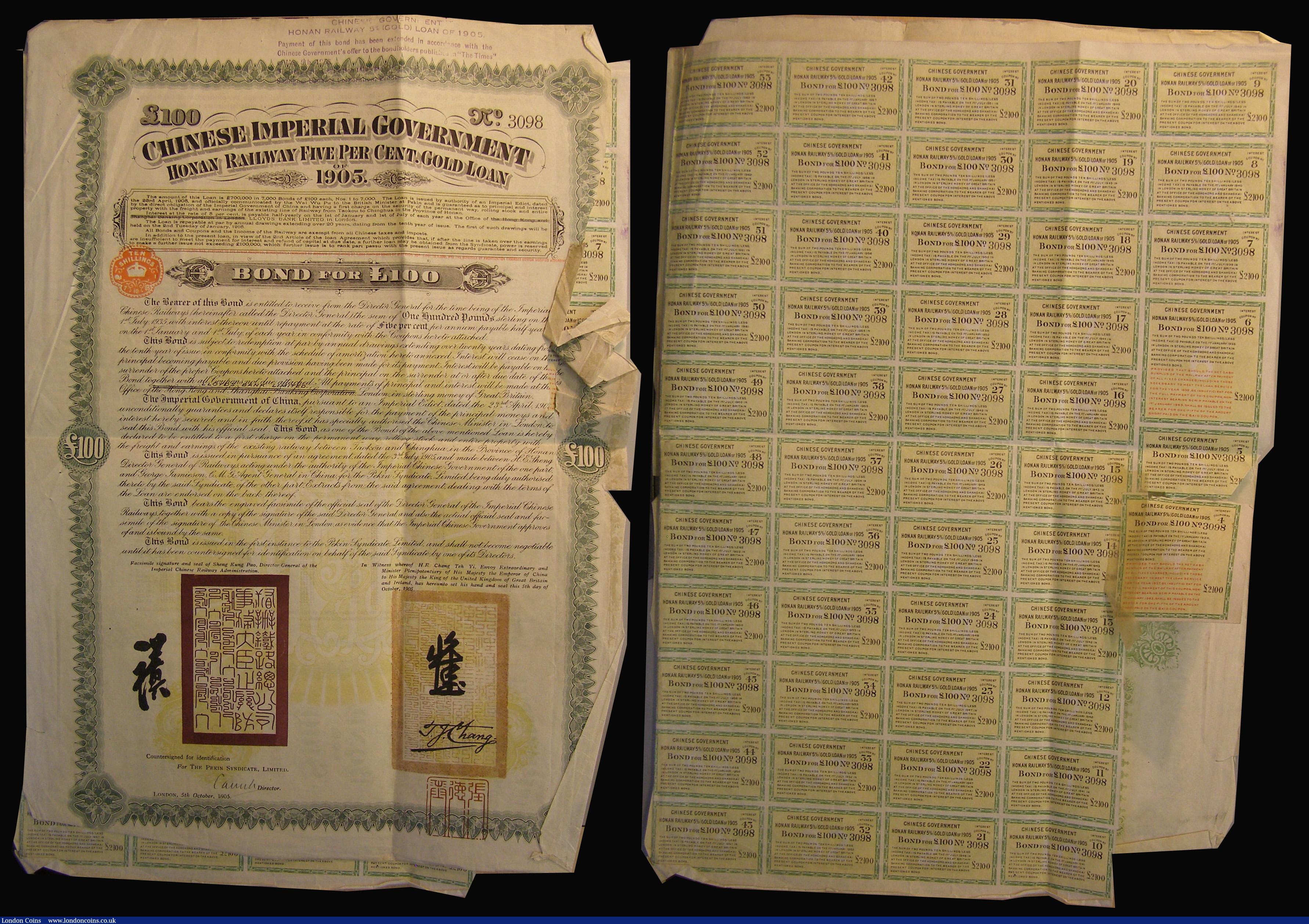 London Coins : A175 : Lot 3 : China, Chinese Government 1905 Honan railway 5% Gold Loan, bond for £100, large format, with c...