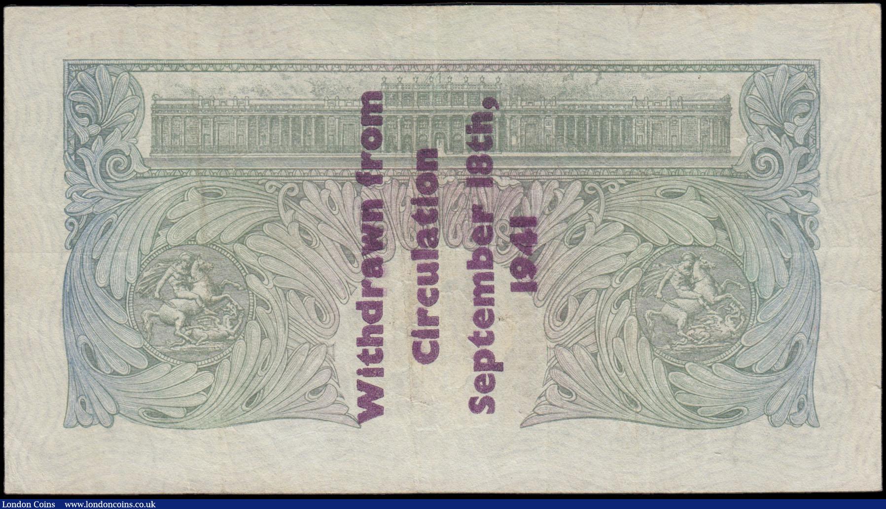 London Coins : A175 : Lot 34 : One Pound Peppiatt World War II Guernsey overprint B239A Green Britannia medallion Type A Overprint ...