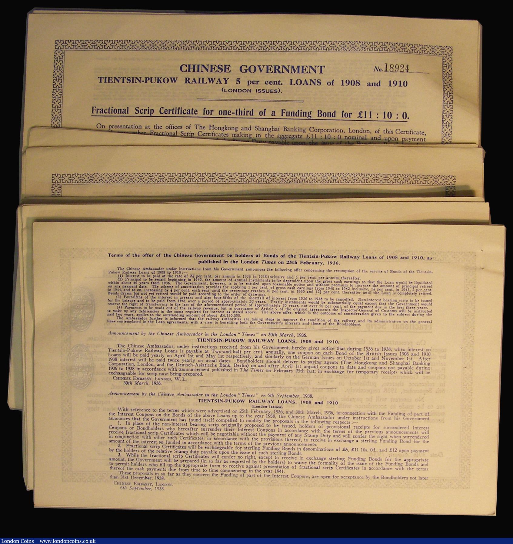 London Coins : A175 : Lot 4 : China, Chinese Government, Tientsin-Pukow Railway 1908 and 1910 (London Issues) 5% Loan 1938 Fractio...