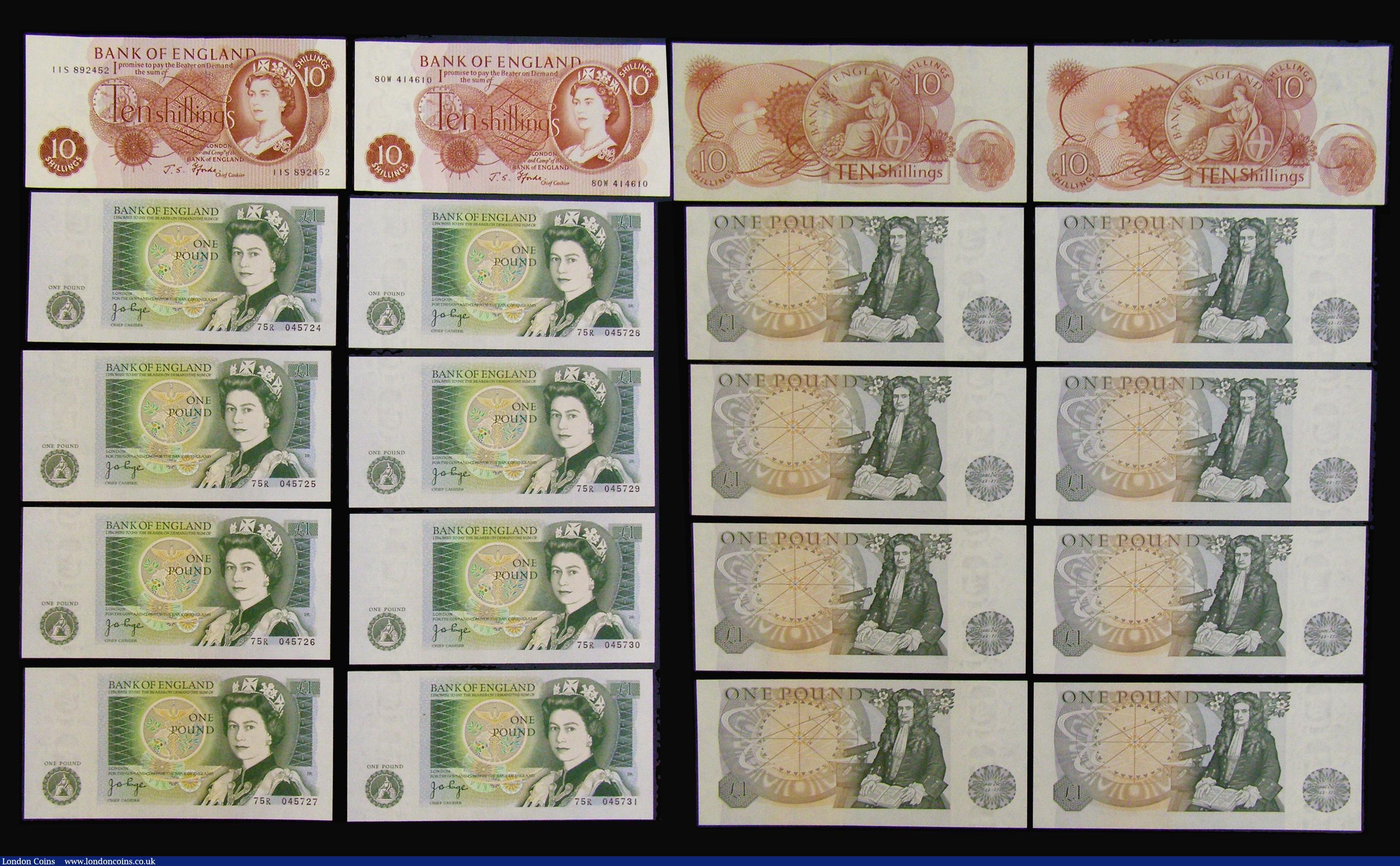 London Coins : A175 : Lot 40 : One Pound O'Brien B273 (9) issued 1955,  two blocks of four consecutive numbers N79J 892052/3/4...