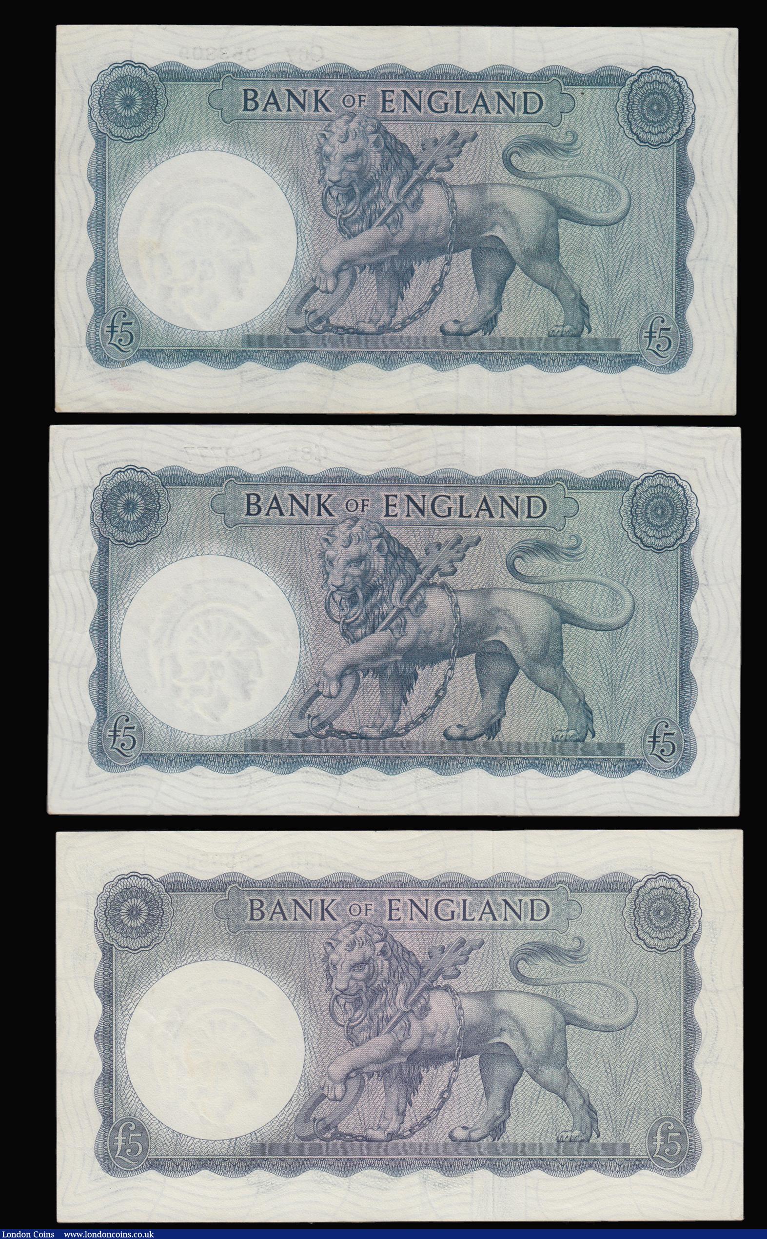London Coins : A175 : Lot 41 : Five Pounds O'Brien B277 (3) Helmeted Britannia at right, Lion & Key reverse issued 1957, C...