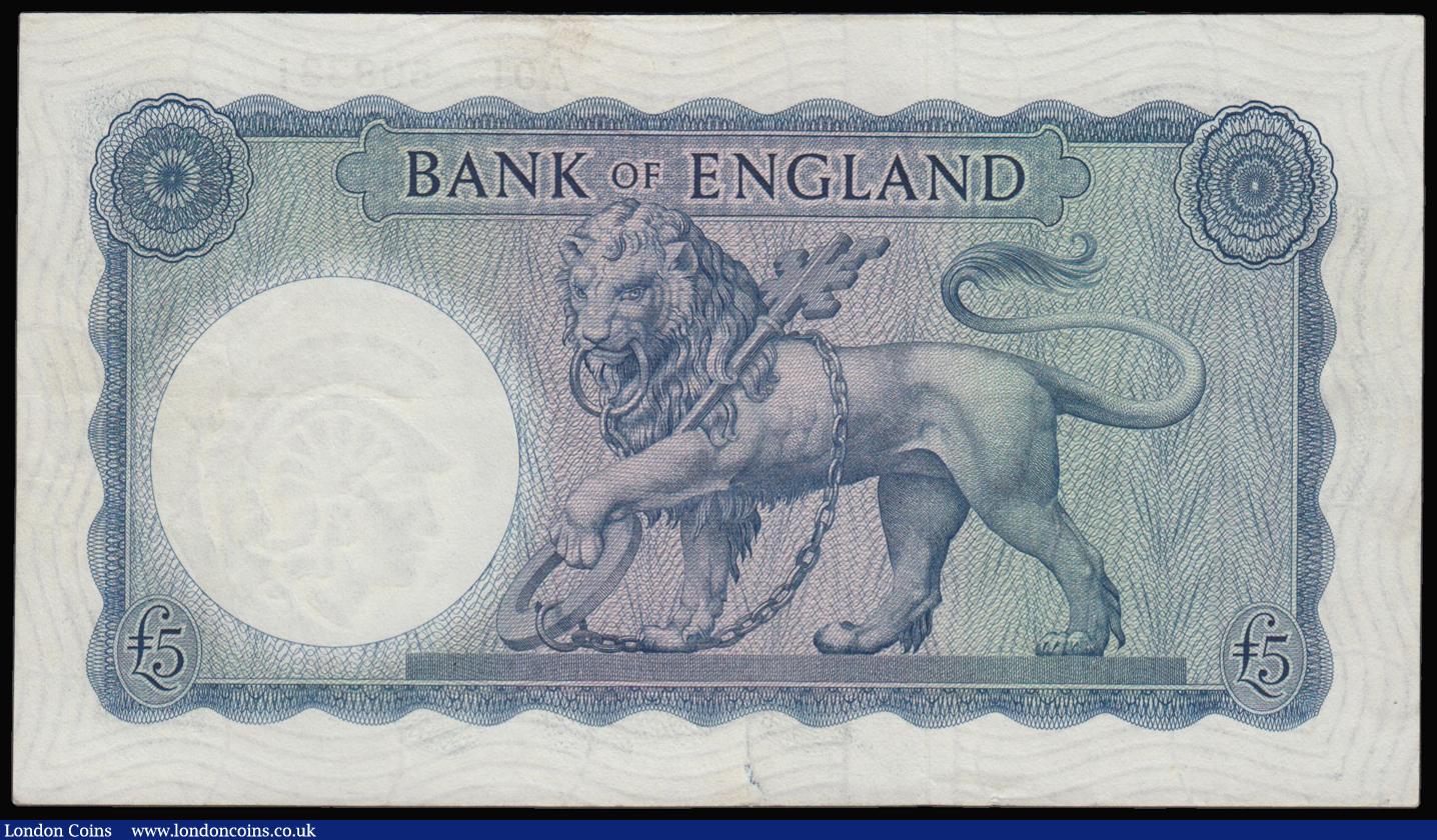 London Coins : A175 : Lot 42 : Five Pounds O'Brien B277 issued 1957 Helmeted Britannia very first run A01 508331 pressed GVF-E...