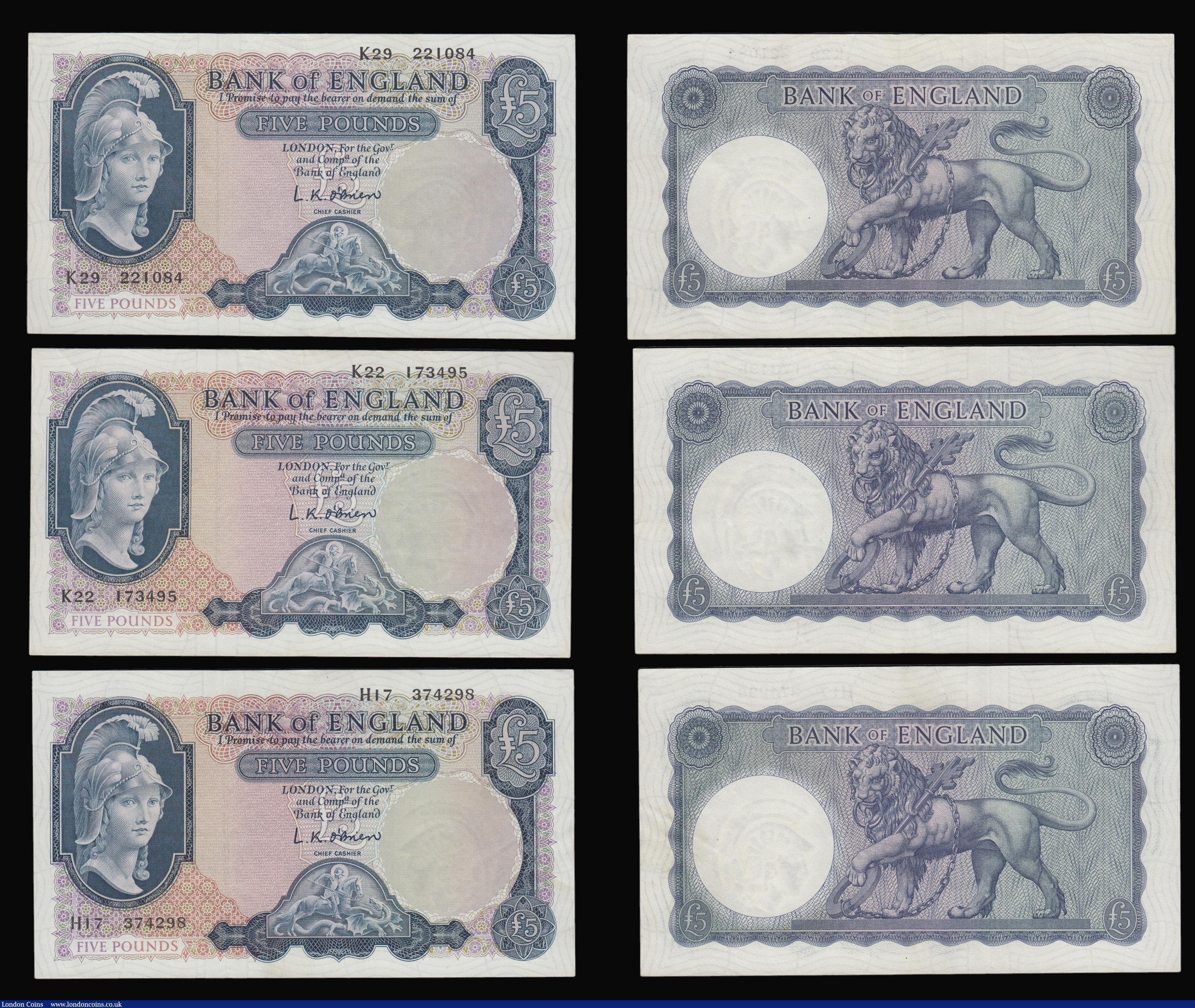 London Coins : A175 : Lot 43 : Five Pounds O'Brien Lion and Key 1961 issue B280 (6) with four in AU grade prefixes H17, J05,J1...