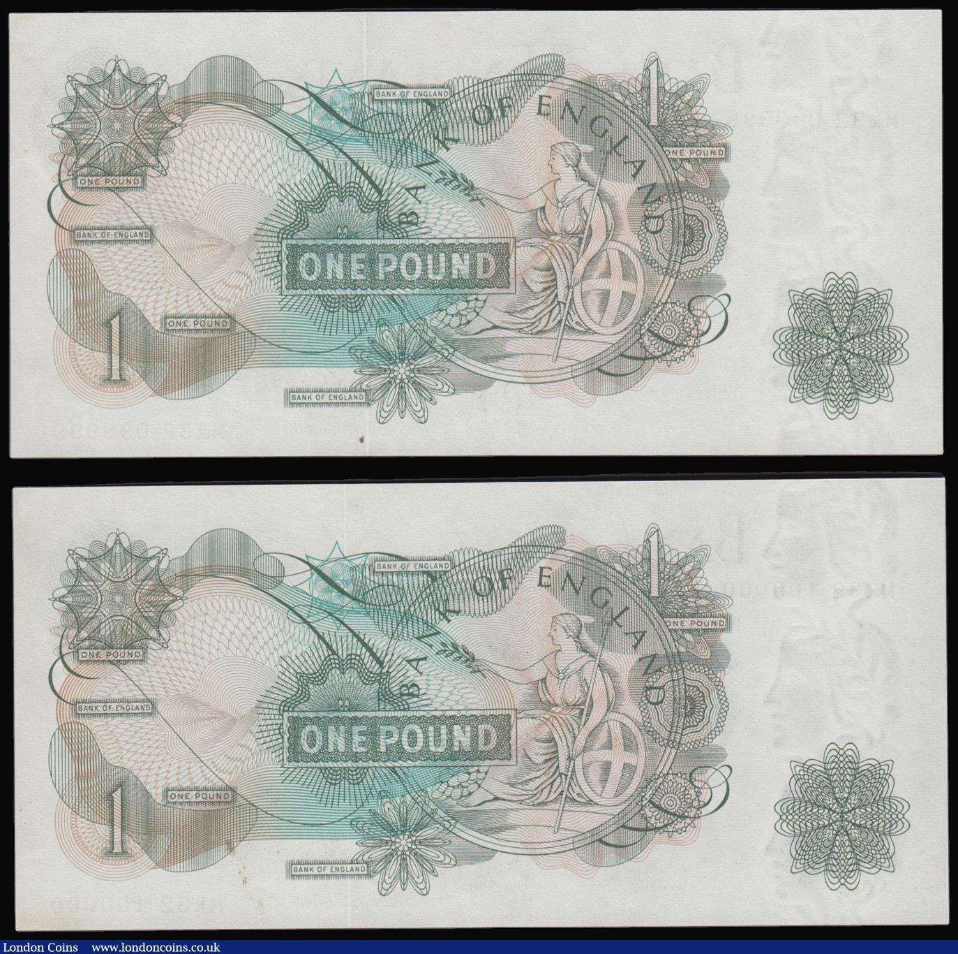London Coins : A175 : Lot 49 : One Pound Page 1970 B323 replacement (2) consecutive numbers MR32 099999 and MR32 100000 a very desi...