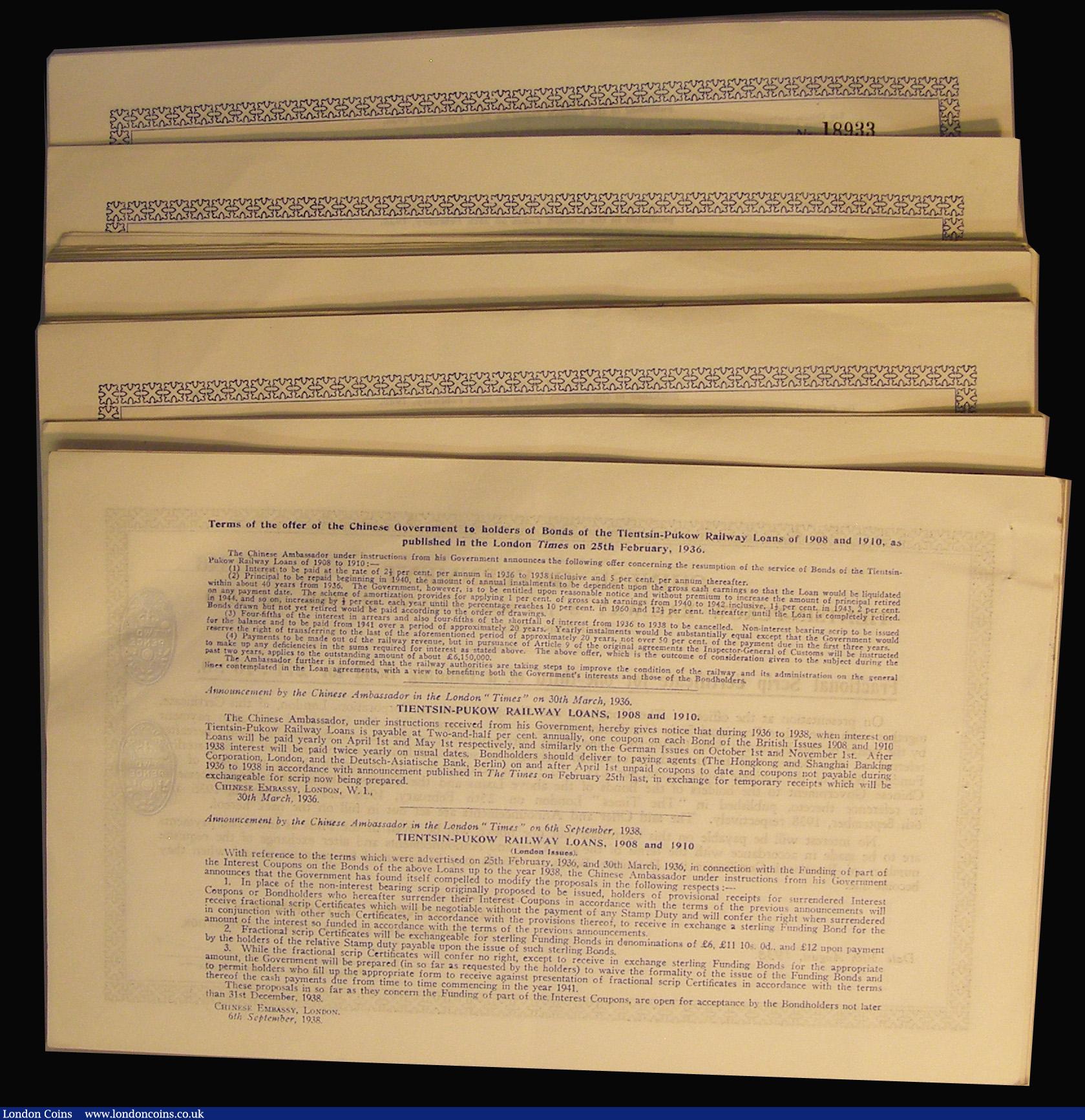 London Coins : A175 : Lot 5 : China, Chinese Government, Tientsin-Pukow Railway 1908 and 1910 (London Issues) 5% Loan 1938 Fractio...