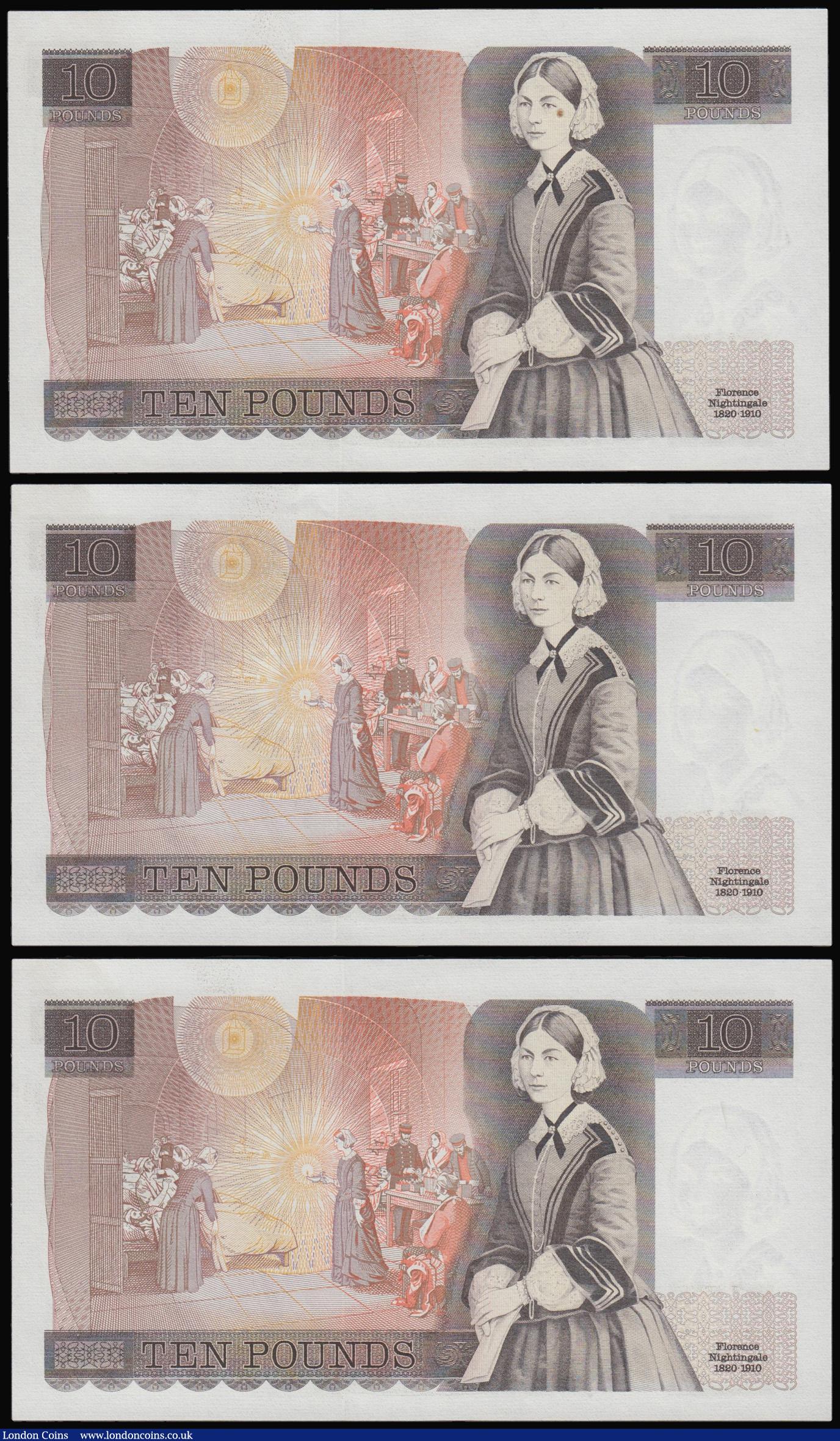 London Coins : A175 : Lot 57 : Ten Pounds Page 1975 Florence Nightingale B330 (3) consecutives D44 prefix Unc or near so