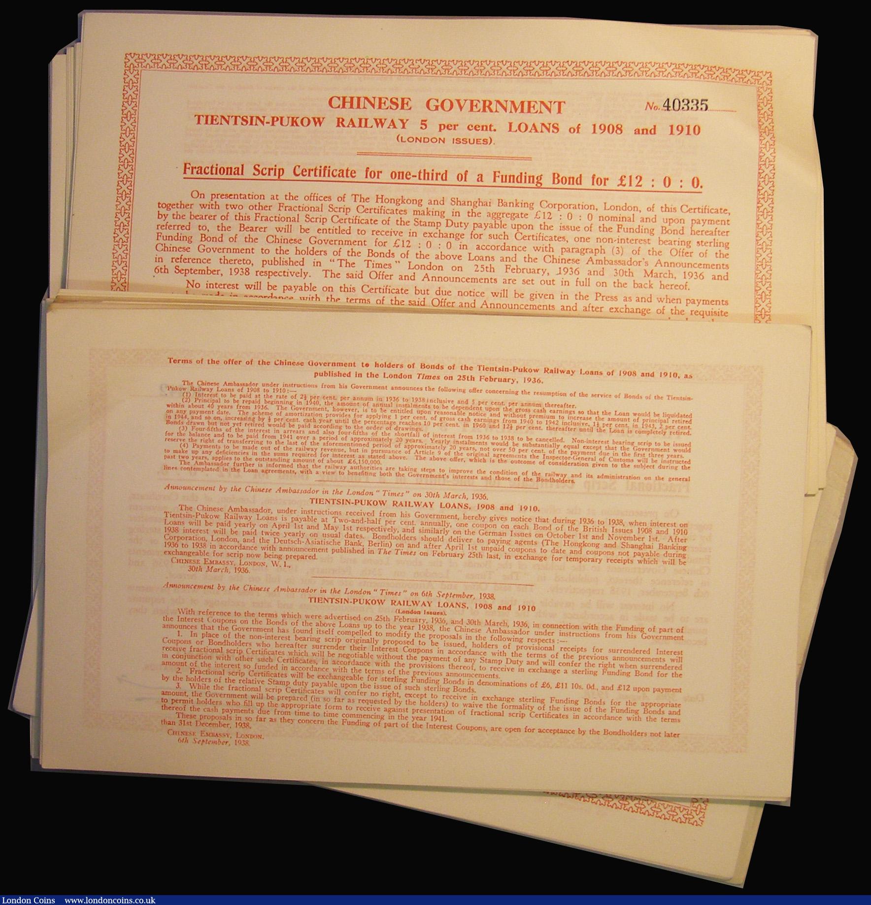 London Coins : A175 : Lot 6 : China, Chinese Government, Tientsin-Pukow Railway 1908 and 1910 (London Issues) 5% Loan 1938 Fractio...