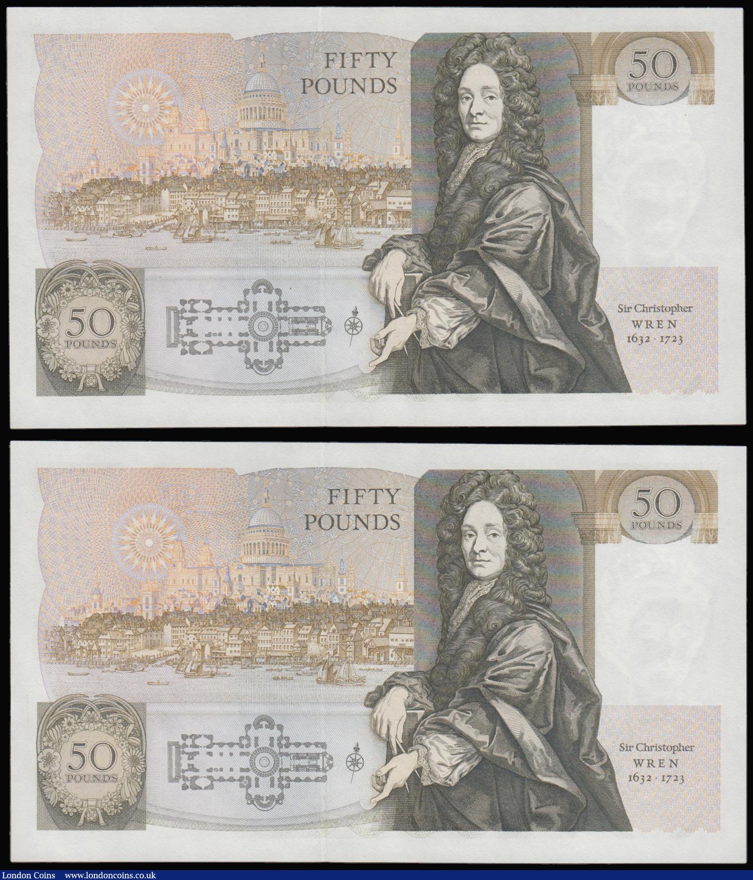London Coins : A175 : Lot 63 : Fifty pounds Somerset B352 issued 1981 (2 consecutives) series B10 323245 and 246, Christopher Wren ...