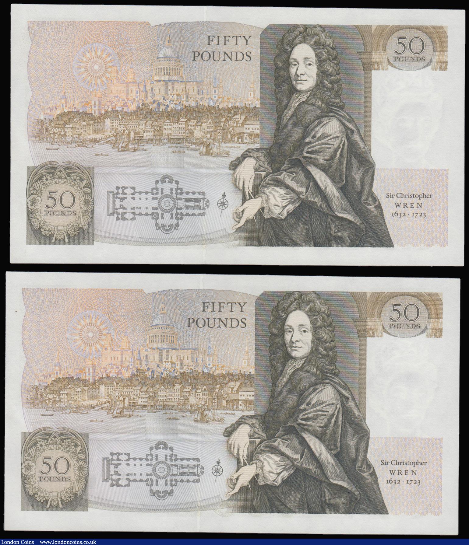 London Coins : A175 : Lot 64 : Fifty pounds Somerset B352 issued 1981 (2 consecutives) series B10 323247 and 248, Christopher Wren ...