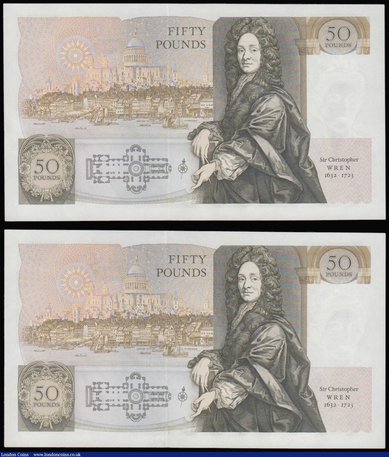 London Coins : A175 : Lot 65 : Fifty pounds Somerset B352 issued 1981 (2 consecutives) series B10 323249 and 250, Christopher Wren ...