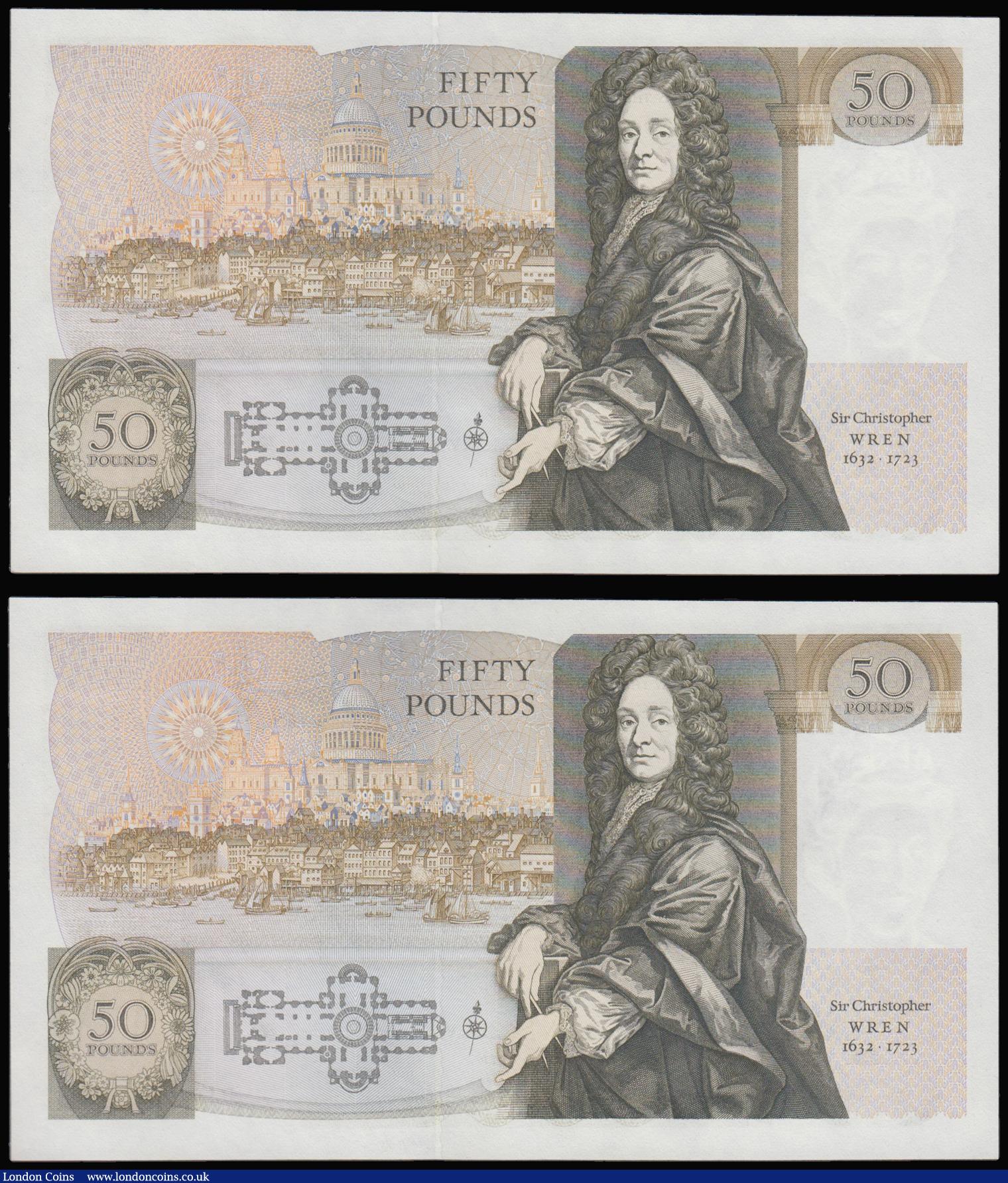 London Coins : A175 : Lot 67 : Fifty pounds Somerset B352 issued 1981 (2 consecutives) series B10 323253 and 254, Christopher Wren ...