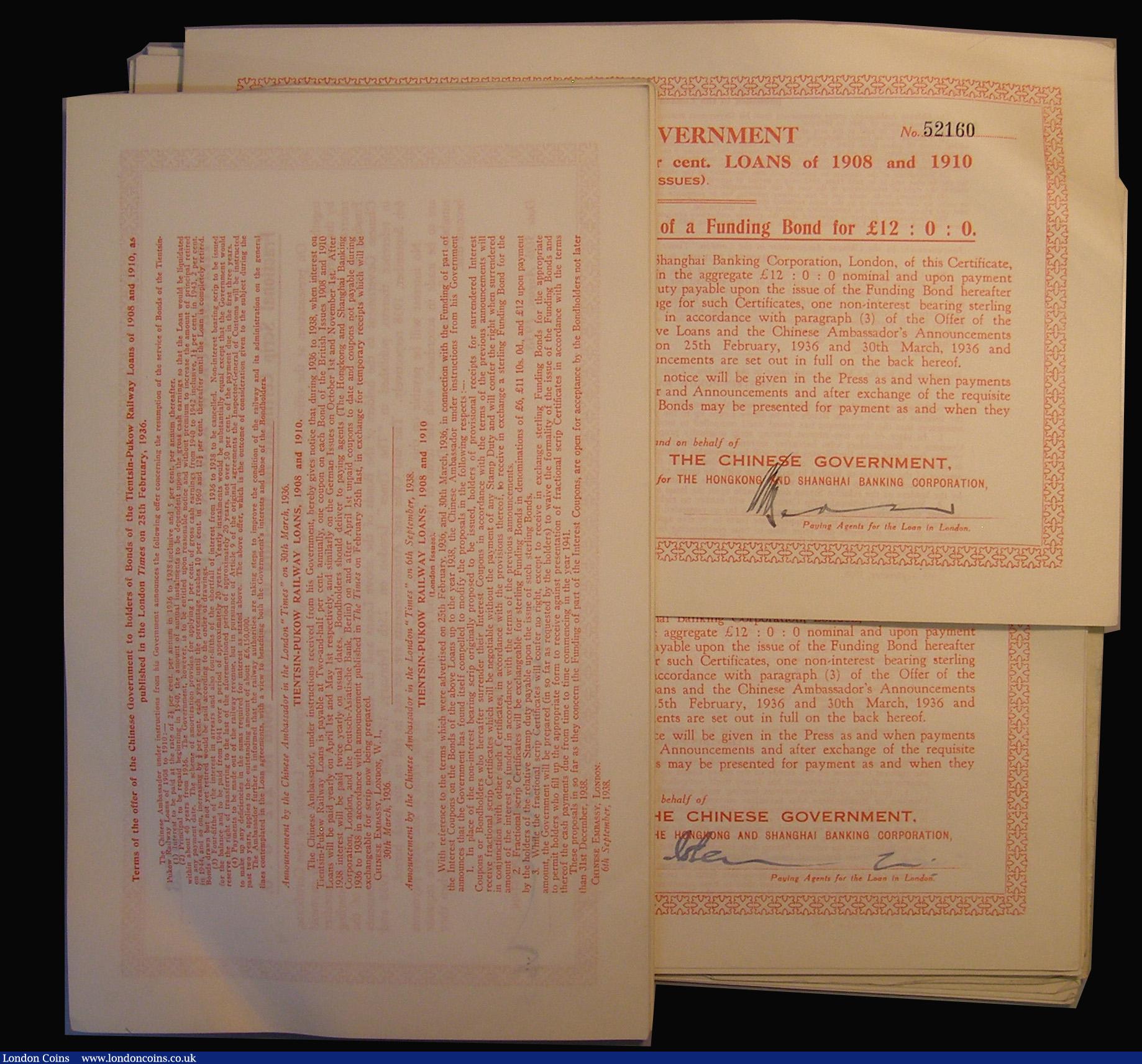 London Coins : A175 : Lot 7 : China, Chinese Government, Tientsin-Pukow Railway 1908 and 1910 (London Issues) 5% Loan 1938 Fractio...