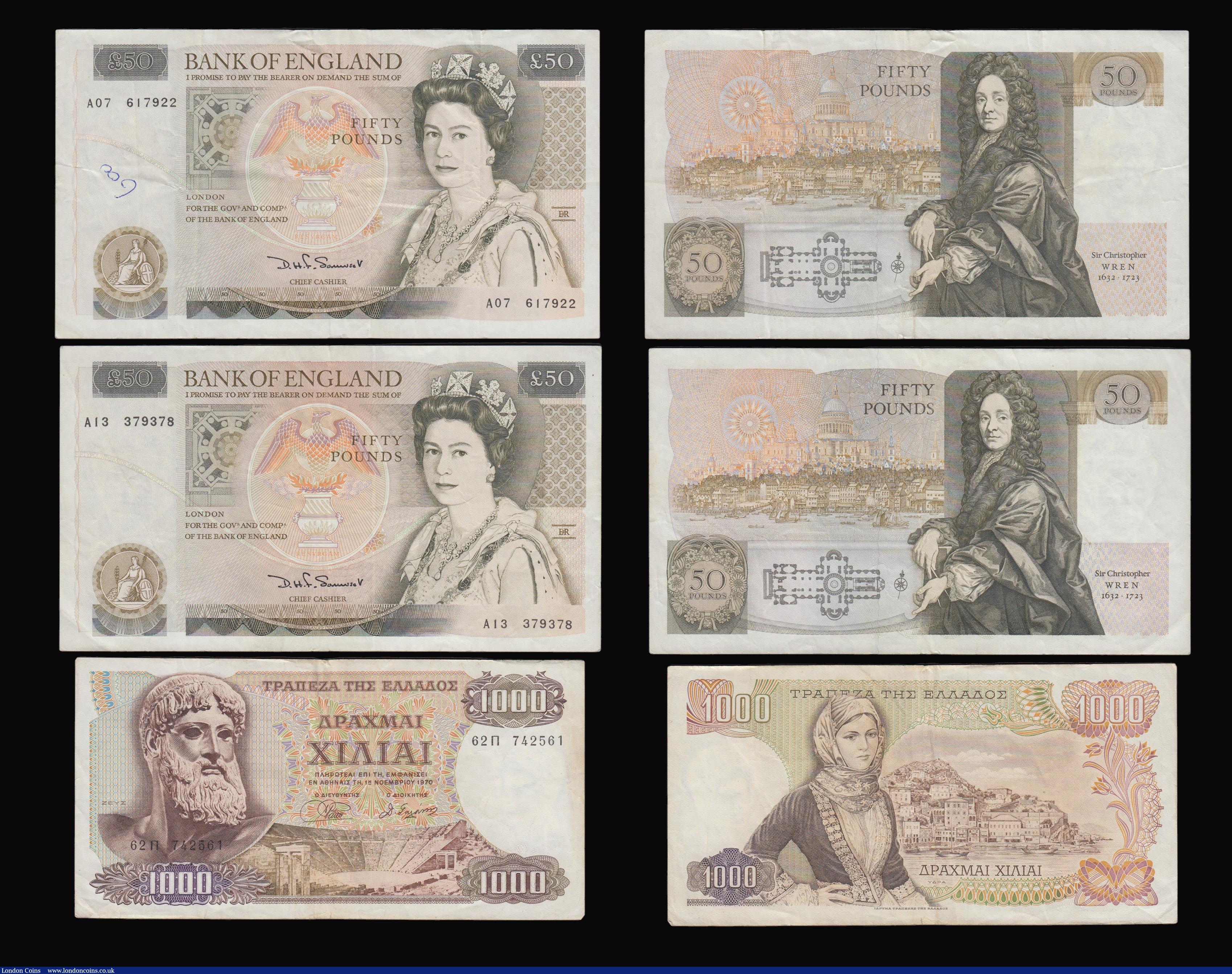 London Coins : A175 : Lot 71 : Fifty Pounds Somerset B352 issued 1981 (5) A06 085660 and 085661 two consecutives AU, then 3 others ...