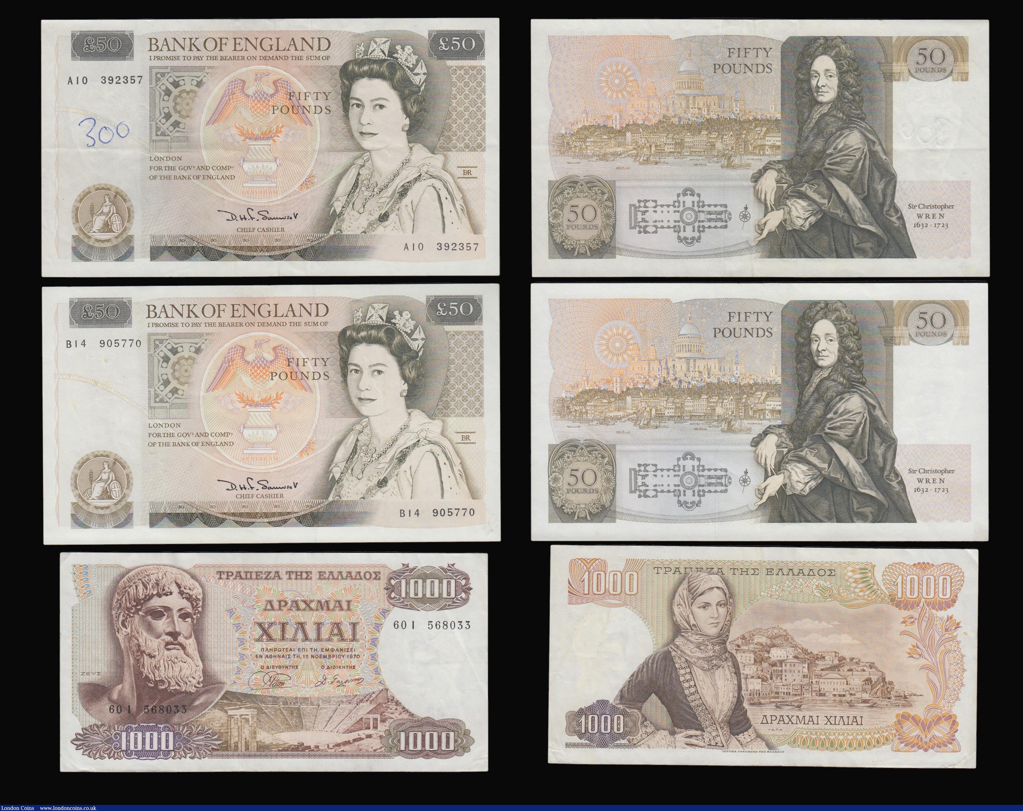 London Coins : A175 : Lot 72 : Fifty Pounds Somerset B352 issued 1981 (5) A17 123473 and 123474 two consecutives AU, then 3 others ...