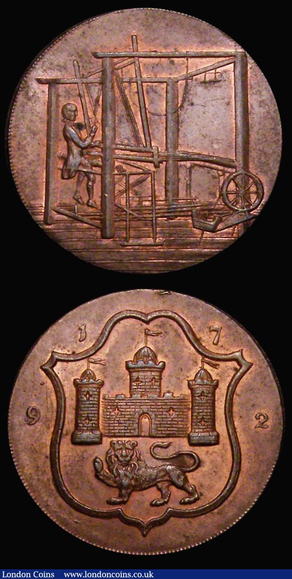 18th Century Halfpennies Norfolk - Norwich (2) 1792 Obverse: Shield of Arms of the City of Norwich, Reverse: Man working a loom, the loop forms a very irregular curve DH40 (2) the first on a thinner flan, 9.74 grammes, GEF and prooflike the reverse with a tone spot, the second 11.23 grammes, EF with traces of lustre, the reverse with a small tone spot  : Tokens : Auction 175 : Lot 754