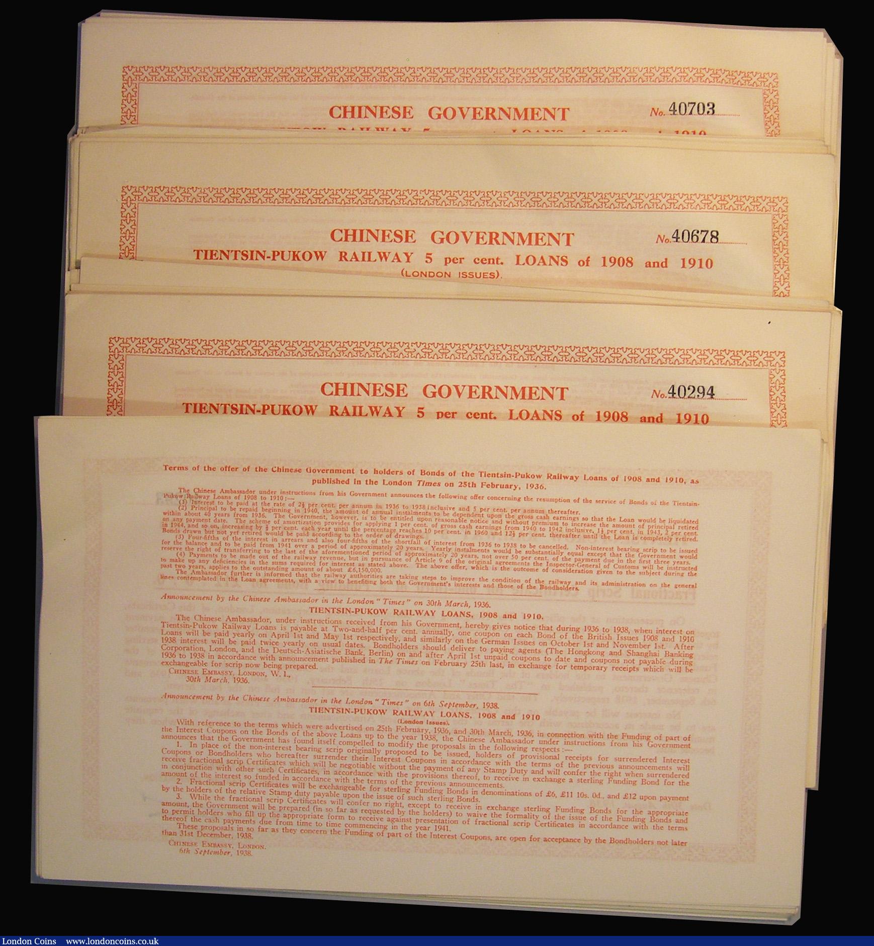 London Coins : A175 : Lot 8 : China, Chinese Government, Tientsin-Pukow Railway 1908 and 1910 (London Issues) 5% Loan 1938 Fractio...