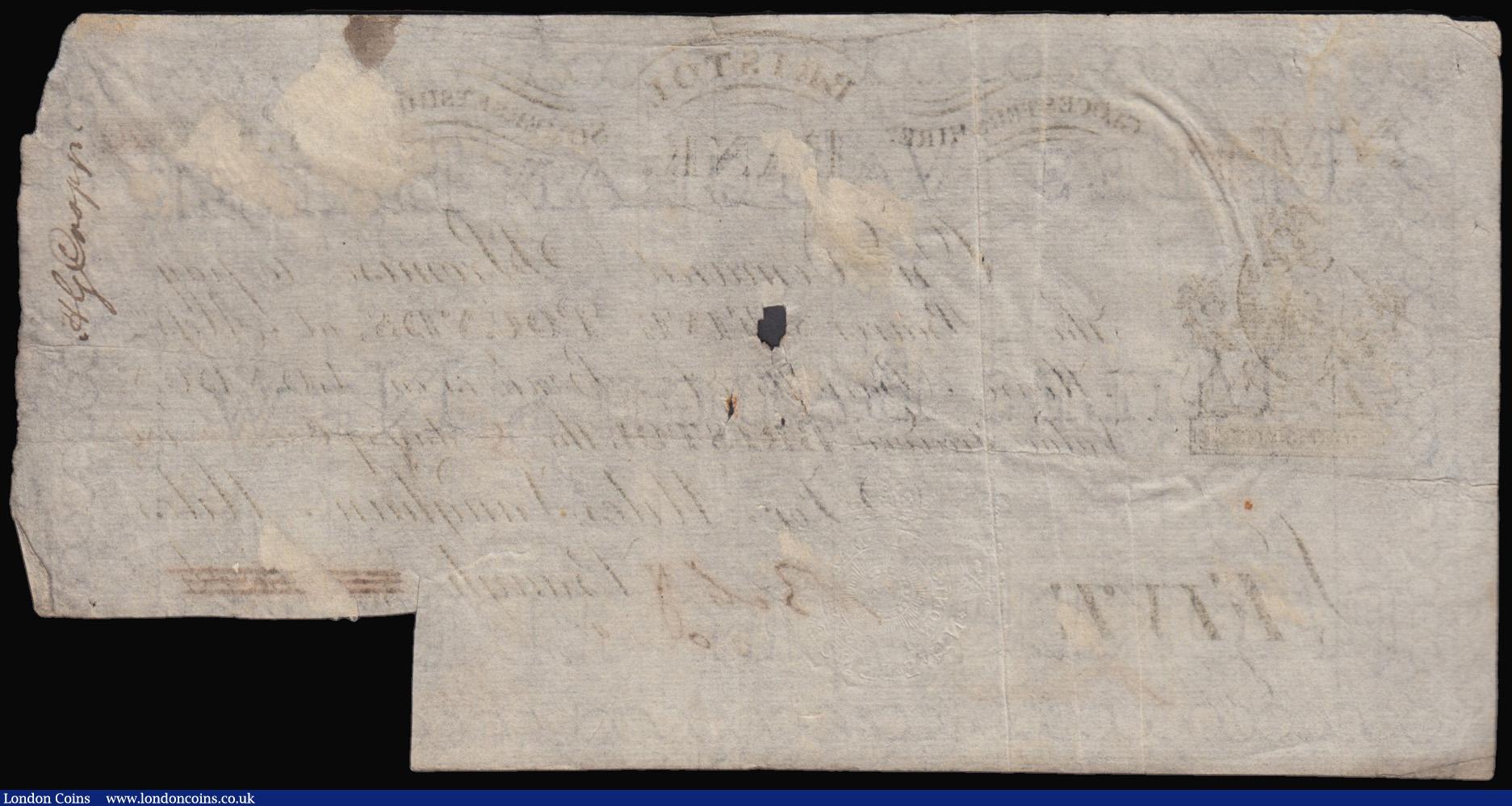 London Coins : A175 : Lot 84 : Bristol Bank 5 Pounds cut-cancelled across signature dated 9th October 1807 number D549 for Miles, V...