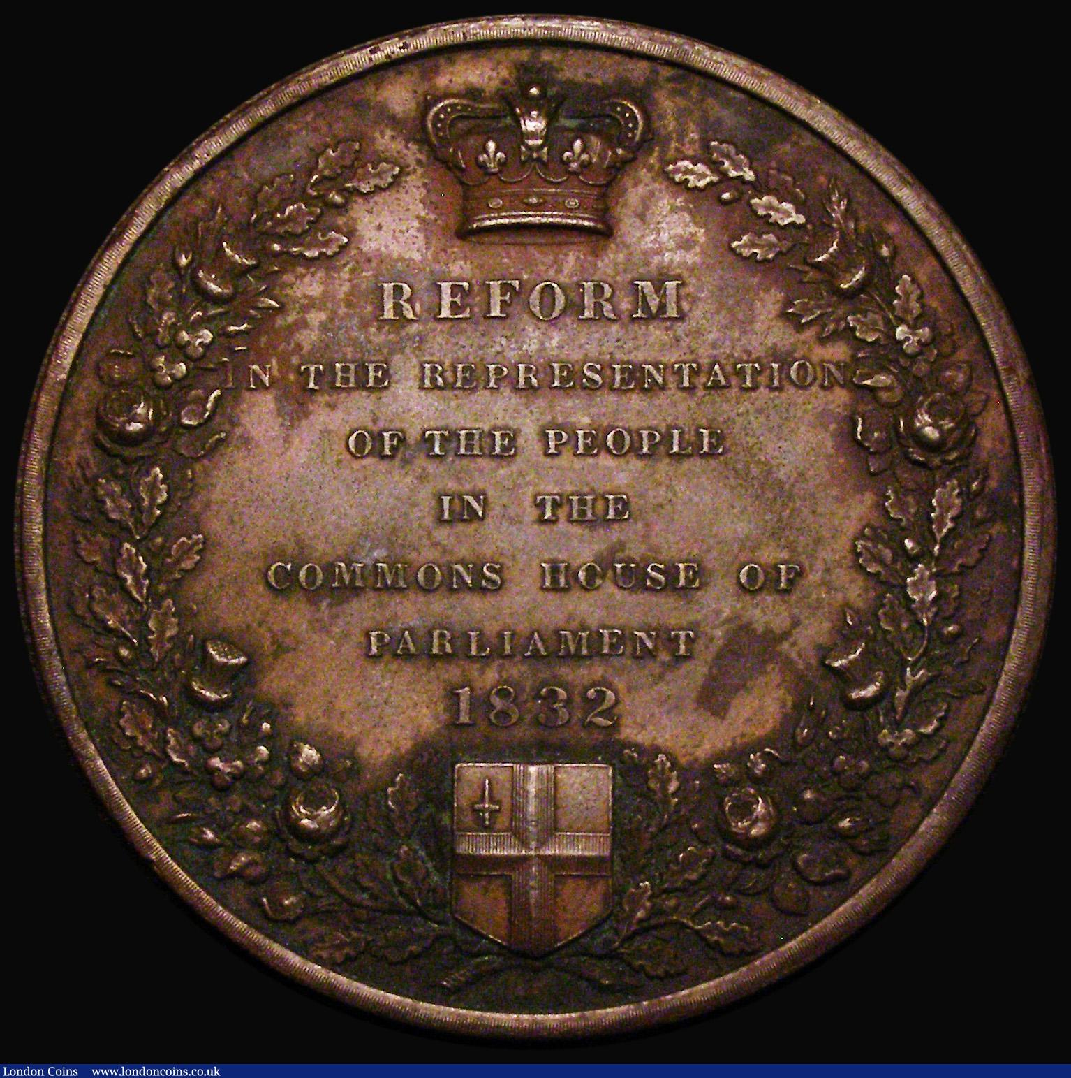 London Coins : A175 : Lot 875 : Reform Bill 1832 51mm diameter in bronze by B.Wyon, Eimer 1254, BHM 1603, Welch 3, Obverse: REFORM I...