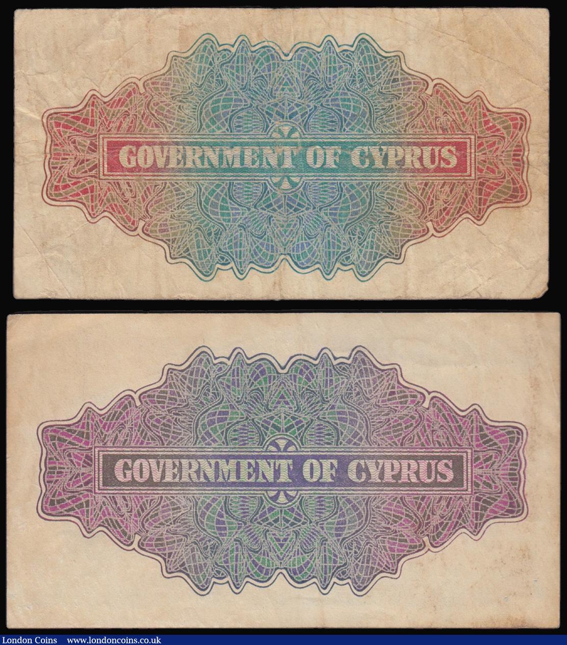 London Coins : A175 : Lot 98 : Cyprus 2 shillings KGVI dated 1st May 1942 serial C/6 218809, Pick 21 VF and 1 Shilling 1st May 1942...