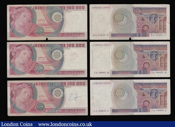 Italy (5) a collectible group consisting of some very collectible notes as the 1000 Lire "Ornata di Perle" (Decorated with Pearls) Pick 88b dated 11th February 1949 signatures Menichella & Urbini series H251 number 003927 printer I.P.S. Officina Carte-Valori, Rome and seal type Medusa/Bank's Monogram , VF - GVF. A faint purple on light brown underprint featuring a fabulous portrait of one of the "Three Graces" of the painting "Primavera", by the Italian Renaissance painter Sandro Botticelli made in the late 1470s or early 1480s. The reverse in blue and grey with guilloche panels. Also the 500 Lire "Mietitrice" Pick 51d dated 19th December 1940 signatures Azzolini & Urbini block Q219 number 7832 seal type Italia/Fascio, VF or near with small tape repairs at marginal tears at left and right. The common name amongst Italian collectors - "Meatrice" (Harvester/Reaper), perhaps given due to the bold slightly au naturel image of a female farm harvester on obverse, holding a sickle in one hand and in the other holding a sheet of wheat, and also seated on sheets of wheat. The reverse with Panthenonic -like statue with 3 allegorical figure representing "Economy", "Law" and "Finance". Printed in Rome by Officina della Banca d'Italia and a rather larger sized note popular amongst collectors. Together with a trio of 100000 Lires in mixed grades VG - about VF including Pick 108a dated 20th June 1978 signatures Baffi & Stevani (2) serial numbers RA 416853 G and TA 245653 D. Along with Pick 108b dated 1st July 1980 signatures Ciampi & Stevani serial number JA 376858 J. : World Banknotes : Auction 175 : Lot 114