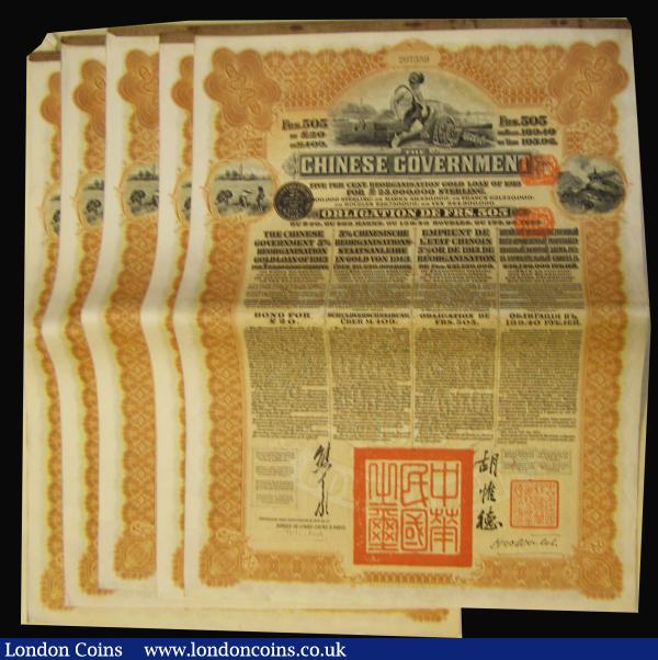 China - Chinese Government 5% Reorganisation Gold Loan 1913, bonds for 505 Francs or £20, vignettes of Mercury and Chinese Scenes, black and brown, all with coupons (5 bonds) Fine to Good Fine, Canada, Lake Superior Iron & Chemical Company 1911 (6) - Certificates for 10 Shares (2), green VF, Certificate for 5 Shares, orange (1), Certificates for 1 Share, orange (3) Good Fine to NVF, USA Monterey Railway 1909 (2) Certificates for 10 Shares, olive, Fine, and 5 Shares, green, Fine, Argentine Railway Company Share Certificates 1912 (4) comprising certificates for 10 Shares (3) and 1 Share (1) Fine to Good Fine  : Bonds and Shares : Auction 175 : Lot 2