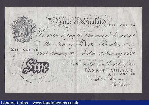 Five Pounds Beale white B270 dated 23 February 1952 prefix X11, VF : English Banknotes : Auction 175 : Lot 39