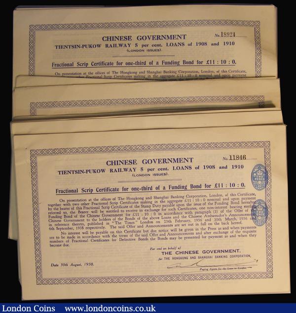 China, Chinese Government, Tientsin-Pukow Railway 1908 and 1910 (London Issues) 5% Loan 1938 Fractional Scrip certificates for one-third of a funding bond, £11-10-0, Hong Kong and Shanghai Banking Corporation, the reverses with details of the announcements in 'The Times' by the Chinese ambassador  on February 25th 1936, March 30th 1936, and September 6th 1938, ten have two of the blue Two Pence stamps on the right, blue (105) NVF to GVF includes some consecutive issues : Bonds and Shares : Auction 175 : Lot 4