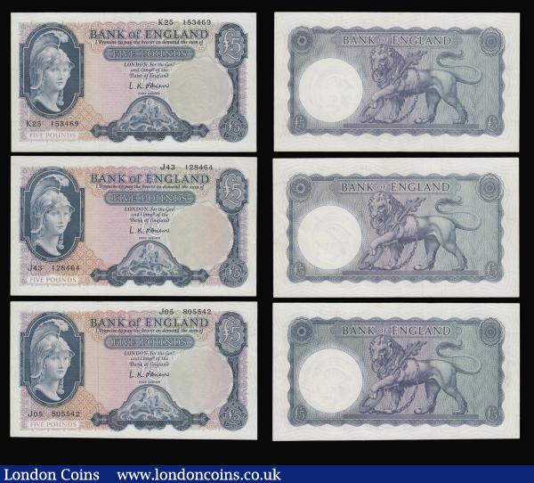 Five Pounds O'Brien Lion and Key 1961 issue B280 (6) with four in AU grade prefixes H17, J05,J14 and K25 and two in VF prefixes K22 and K29 : English Banknotes : Auction 175 : Lot 43