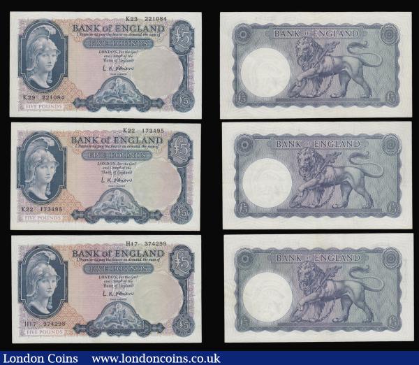Five Pounds O'Brien Lion and Key 1961 issue B280 (6) with four in AU grade prefixes H17, J05,J14 and K25 and two in VF prefixes K22 and K29 : English Banknotes : Auction 175 : Lot 43