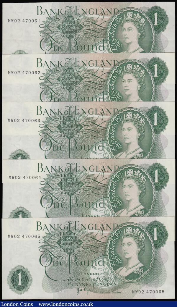 One Pounds Page Replacements 1970 B323 (5) consecutives MW02 4270061,62,63,64 and 65 aU - Unc : English Banknotes : Auction 175 : Lot 50