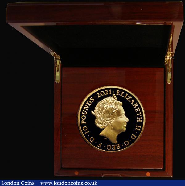 Ten Pounds 2021 Queen Elizabeth II 95th Birthday 5oz. Gold Proof, Obverse: Jody Clark portrait of the Queen, facing right, Reverse: by Gary Breeze, a cleverly arranged design of 9 roses, each representing a decade of the Queen's life, and 54 leaves, signifying the 54 countries of the Commonwealth, with crowned E II R in the centre. Proof FDC in the impressive Royal Mint box of issue, with certificate number 57 of just 160 pieces minted, with only 150 in this presentation format, and with accompanying descriptive booklet detailing key moments and events from the Queen's lifetime. : English Cased : Auction 175 : Lot 547