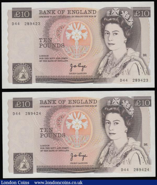 Ten Pounds Page 1975 Florence Nightingale B330 (2) consecutives D44 prefix Unc : English Banknotes : Auction 175 : Lot 56