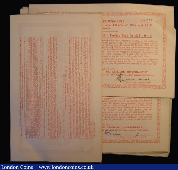 China, Chinese Government, Tientsin-Pukow Railway 1908 and 1910 (London Issues) 5% Loan 1938 Fractional Scrip certificates for one-third of a funding bond, £12-0-0, Hong Kong and Shanghai Banking Corporation, the reverses with details of the announcements in 'The Times' by the Chinese ambassador  on February 25th 1936, March 30th 1936, and September 6th 1938, red (100) VF to GVF, a few with staple holes and pencil annotations, includes many consecutive issues : Bonds and Shares : Auction 175 : Lot 7