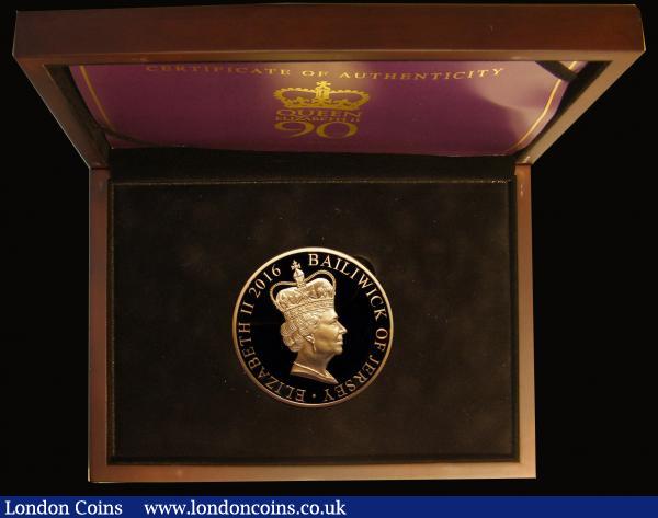 Jersey Ten Pounds Gold 2016 Queen Elizabeth II 90th Birthday 5oz. Gold Proof FDC in the box of issue with certificate stating number 14 of just 20 minted : World Cased : Auction 175 : Lot 708