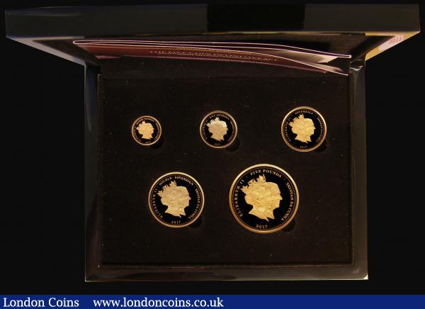 Tristan da Cunha a 5-coin set in Gold 2017 Queen Elizabeth II and Prince Philip Platinum (70 Years) Anniversary comprising Gold Five Pounds, Two Pounds, Sovereign, Half Sovereign and Quarter Sovereign Proof FDC in the box of issue with certificate : World Cased : Auction 175 : Lot 729