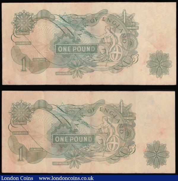Error, One Pound Page 1970 B322 offset printing error so little or no distance from the bottom of the design to the border, the serial number EX38 778579 is virtually at the border along with another B322 printed normally for comparison the serial number of this note HU22 633107 is about 4 mm higher, both VF and a somewhat discoloured  : English Banknotes : Auction 175 : Lot 82