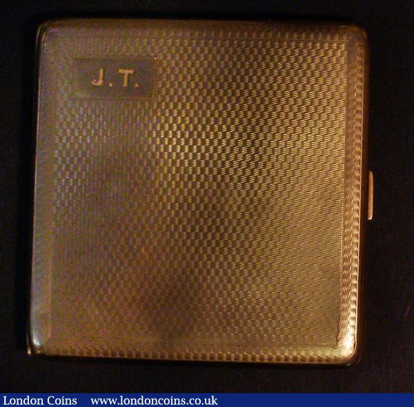 A gold cigarette case in 9 carat gold by Mappin & Webb inscribed J.T on the outer casing, and October 1931 on the inside of the lid. Total weight 89.00 grammes, in very good second-hand condition  : Misc Items : Auction 175 : Lot 905