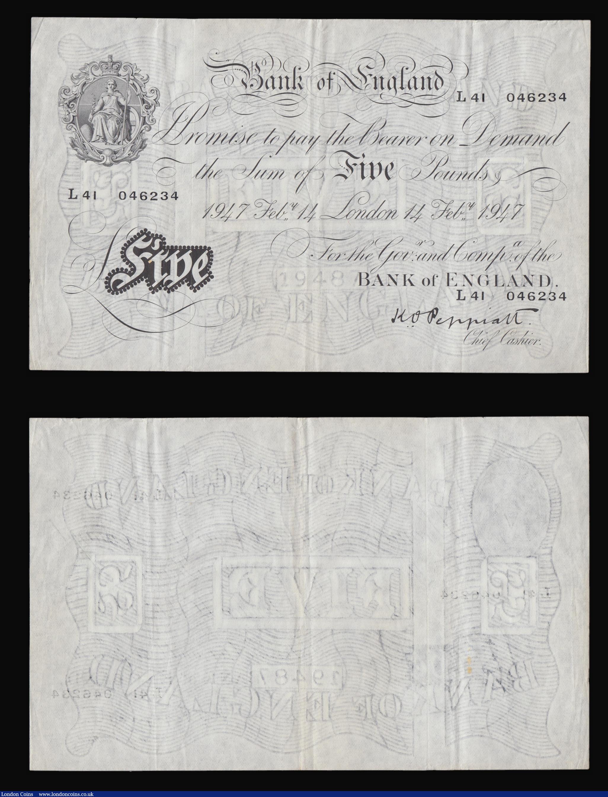London Coins : A176 : Lot 100 : Five Pounds White Peppiatt. B264 (2) 14th Feb 1947 L41 046234 and 046235 consecutively numbered GVF-...