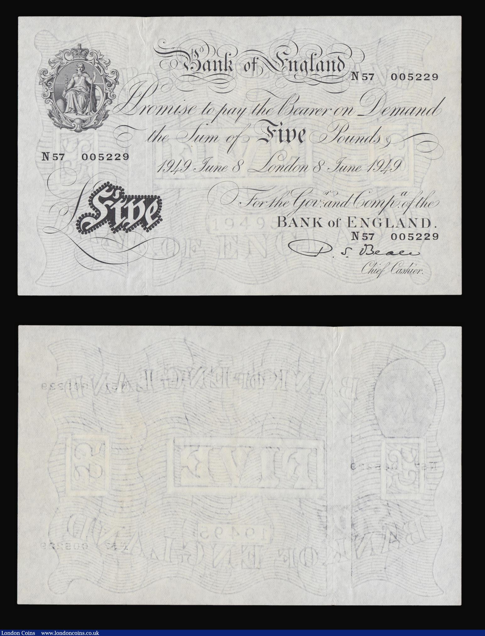 London Coins : A176 : Lot 104 : Five Pounds Beale (2 consecutives) B270 serial numbers N57 005228 and 005229 London 8th June 1949 EF...