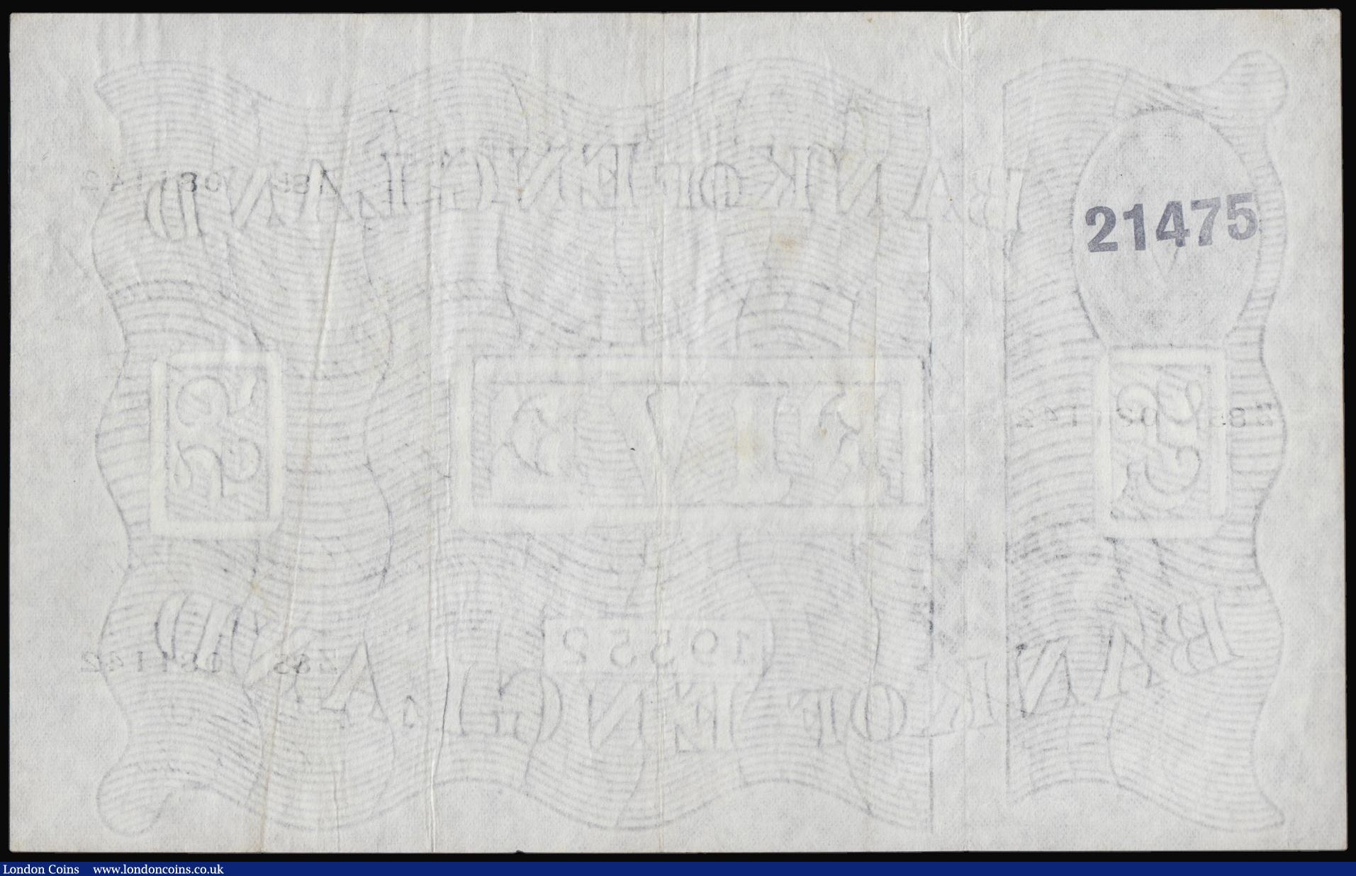 London Coins : A176 : Lot 108 : Five Pounds White O'Brien. B275 May 30th 1955. Z85 081142 EF with the odd faint stain, numeric ...