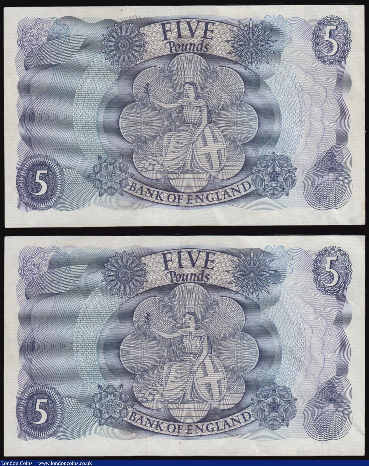 London Coins : A176 : Lot 118 : Five Pounds Fforde 1967 B312 (2) consecutive numbers Z03 053154 and 155 EF
