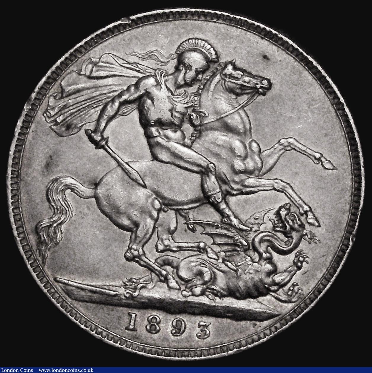 London Coins : A176 : Lot 1201 : Crown 1893 LVII ESC 305, Bull 2595, Davies 502 dies 1A, Obverse: T of VICTORIA points to a rim tooth...