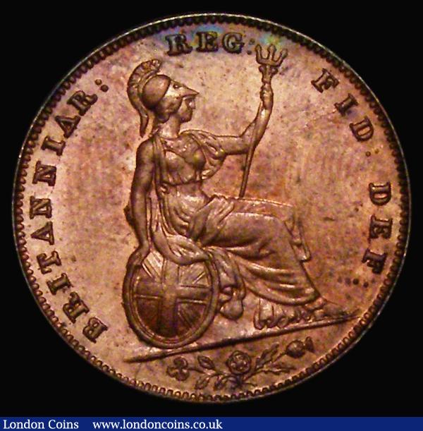 Farthing 1857 Peck 1585 About UNC the obverse with good subdued lustre and colourful underlying tone, the reverse with around 80% slightly subdued lustre with touches of colourful underlying tone : English Coins : Auction 176 : Lot 1275