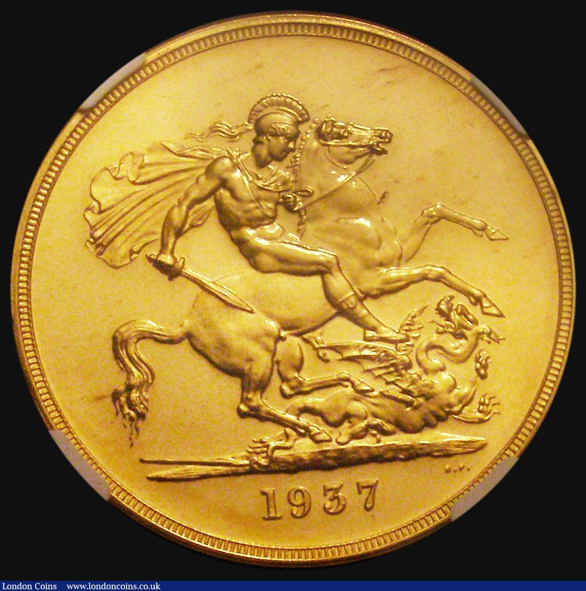 London Coins : A176 : Lot 1294 : Five Pounds 1937 Gold Proof S.4074 in an NGC holder and graded PF65, the only George VI Gold Five Po...