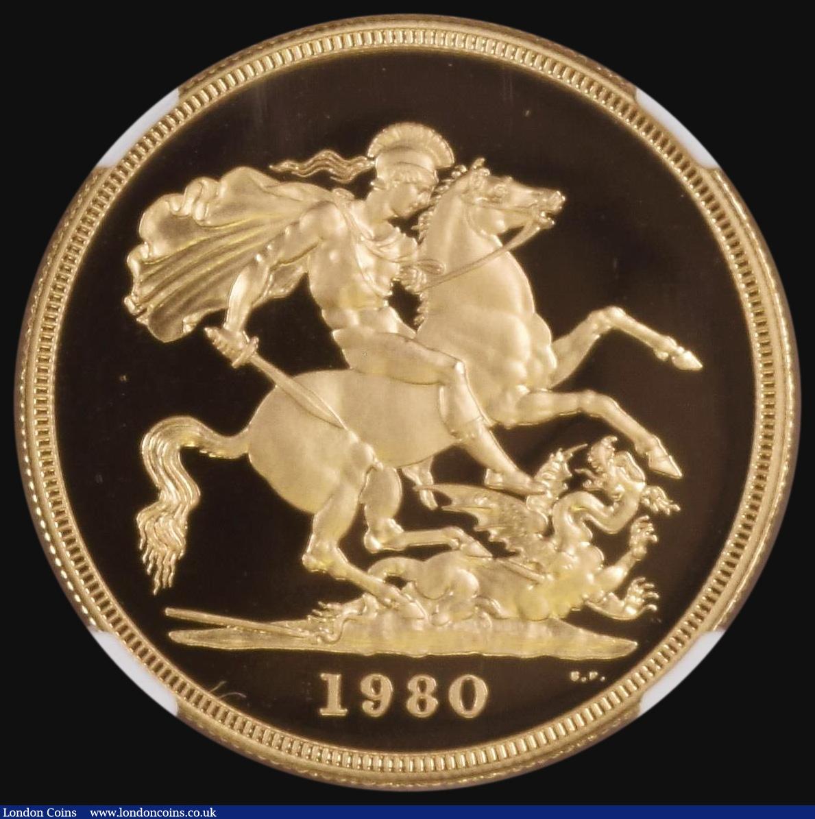 London Coins : A176 : Lot 1298 : Five Pounds Gold 1980 S.SE1 Gold Proof in an NGC holder and graded PF69 Ultra Cameo